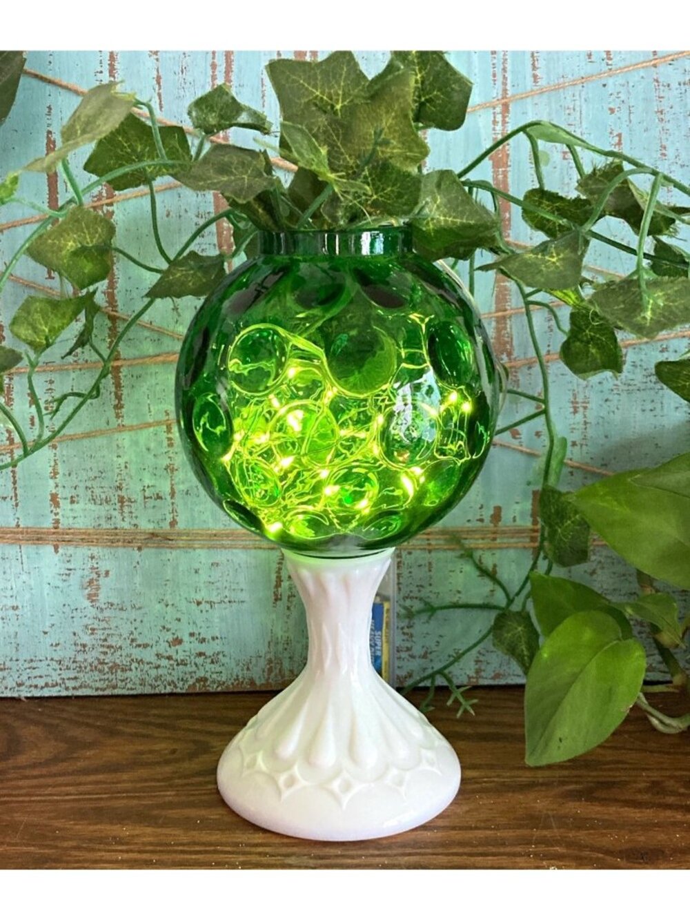 Fenton Emerald Green Coin Dot Optic Milk Glass Base Ivy Ball Fairy Lamp 1952-57